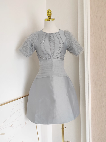 A Line Scoop Neckline Silver Gray Satin Dinner Party Dresses Birthday Outfits SD399